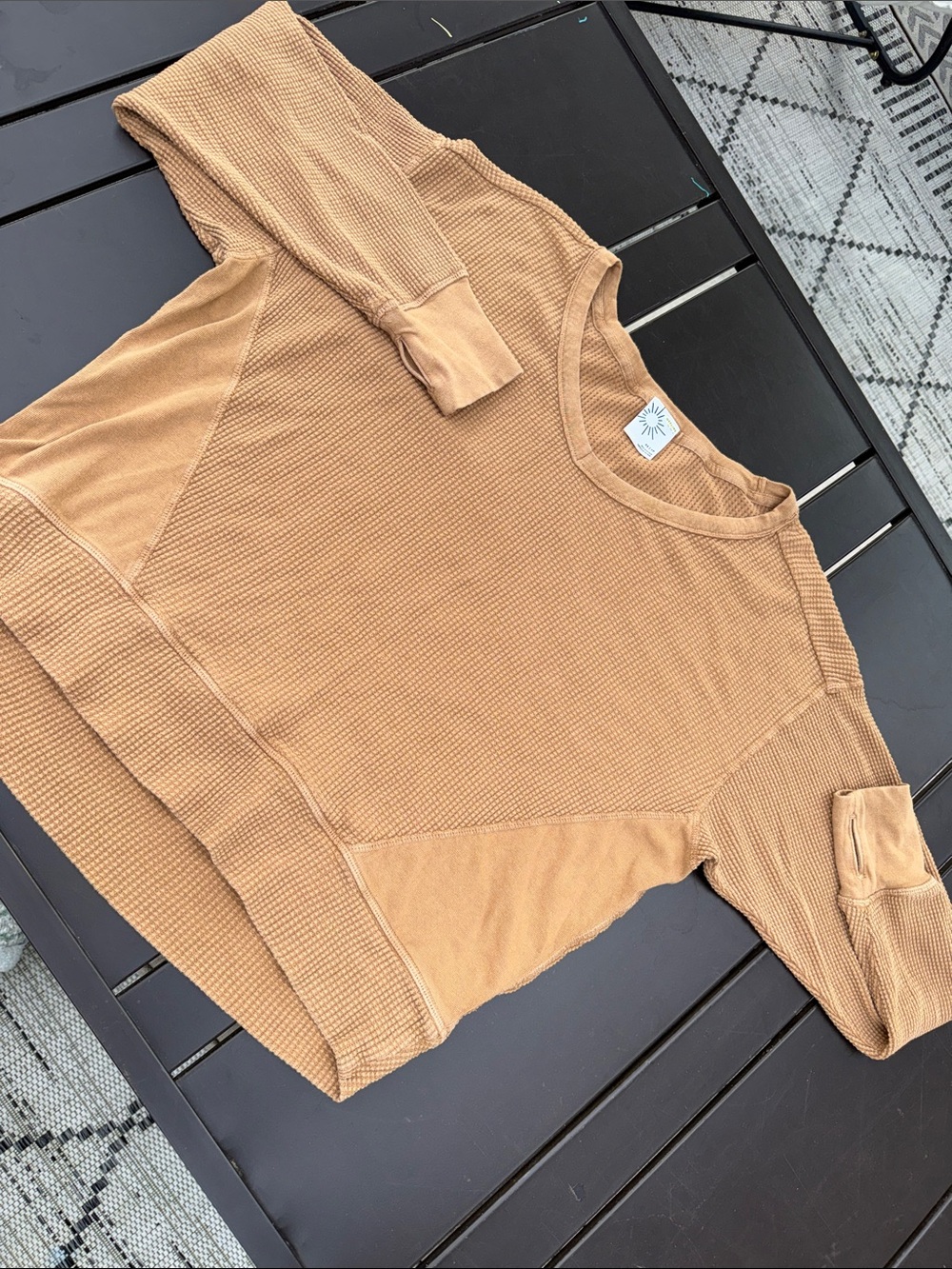Offline by Aerie Waffle Crewneck Top with thumb hole sleeve Camel oversized XS